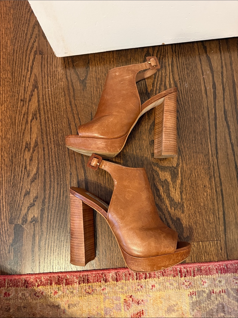 Steve Madden Tan Brown Leather Peep-Toe Slingback Platform Heels - Picture 2 of 5